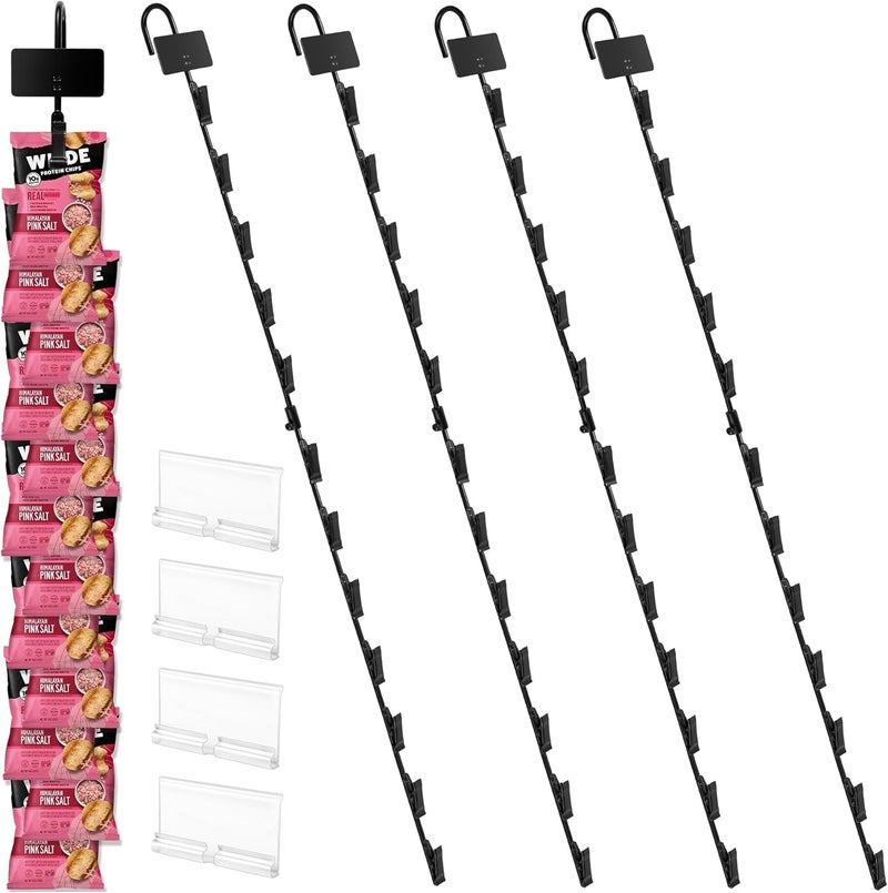 Board2by Hanging Merchandise Strips with Hooks - 32 inches Chip Display Rack Stands - Potato Chip Rack Bag Holder with 12 Clips for Retail Displaying, 4 Pack Black with Label Headers - Image 1